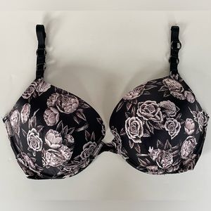 Victoria’s Secret Push Up Bra 32DDD Black Pink Roses Sexy Underwire Padded